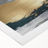 Abstract wall art design featuring vibrant strokes and lines in shades of blue, orange, and yellow on a rolled canvas, perfect for modern home decor.