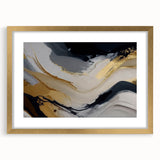 Abstract wall art design featuring vibrant strokes and lines in gold and neutral tones, framed with a mat for an elegant display, perfect for modern decor.