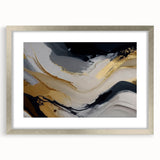 Abstract wall art featuring dynamic strokes and lines in a modern design, framed in silver with a mat, perfect for contemporary home decor.