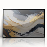 Framed wall art showcasing an abstract design with colorful strokes and lines, set in a sleek black frame, perfect for modern home decor.
