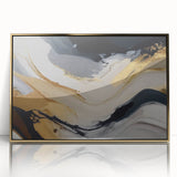 Framed wall art featuring an abstract design with gold strokes and lines on a white background, adding a modern touch to home decor. Perfect for contemporary interiors.