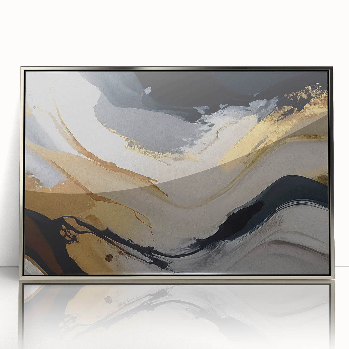 Framed acrylic wall art showcasing an abstract design with dynamic strokes and lines in silver tones, perfect for modern home decor and artistic interiors.