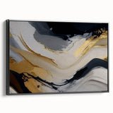 Framed canvas wall art showcasing an abstract design of colorful strokes and lines, featuring a black frame that enhances its modern aesthetic in a side view.