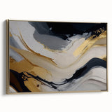 Framed canvas wall art showcasing an abstract design with gold strokes and lines, adding a modern touch to home decor, ideal for stylish interiors.