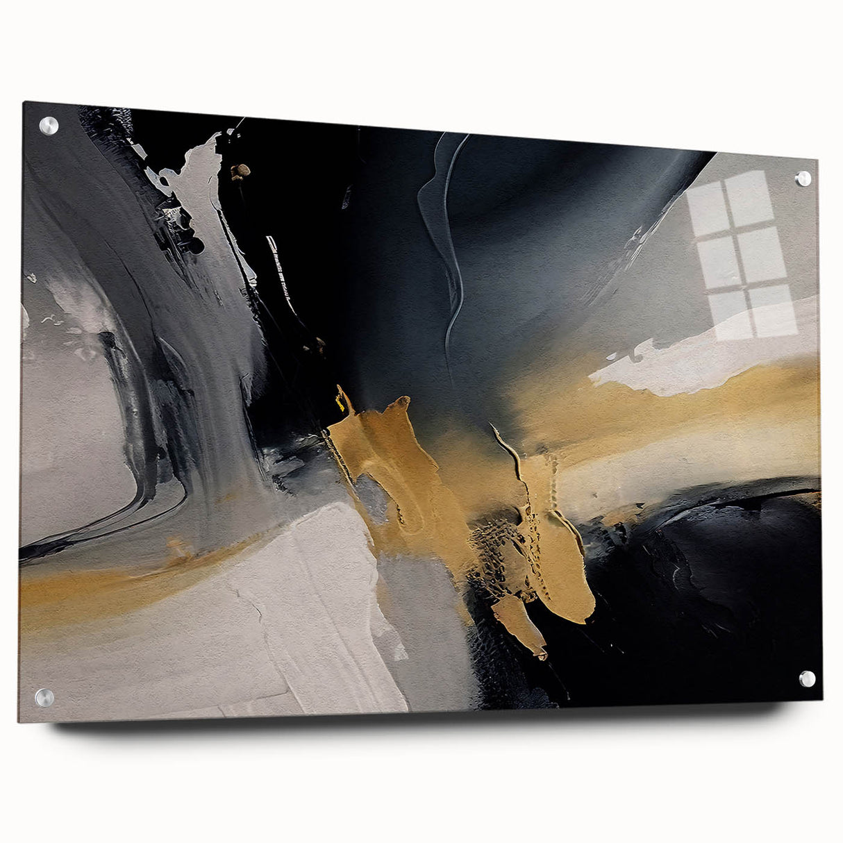 Abstract wall art design featuring colorful strokes and lines on acrylic glass, displayed from the side with pins for hanging, perfect for modern decor.
