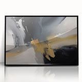 Framed wall art featuring an abstract design of colorful strokes and lines, set against a black background, ideal for modern home decor.