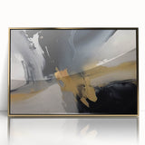 Framed wall art featuring an abstract design of gold strokes and lines on a white background, showcasing a modern aesthetic perfect for contemporary decor.