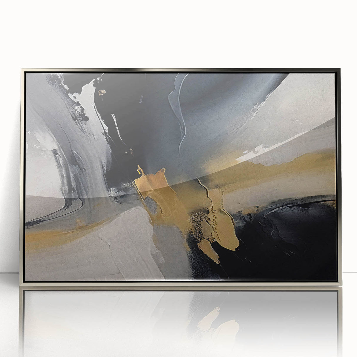 Framed wall art featuring an abstract design of colorful strokes and lines in silver and blue hues, perfect for modern home decor, enhancing artistic aesthetics.