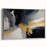 Framed canvas wall art featuring an abstract design of strokes and lines in shades of silver and gray, set against a sleek, modern frame. Perfect for contemporary interior decor.