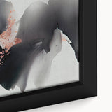 Close-up of framed canvas wall art showcasing an abstract design with vibrant strokes and lines in shades of blue, orange, and yellow, perfect for modern home decor.