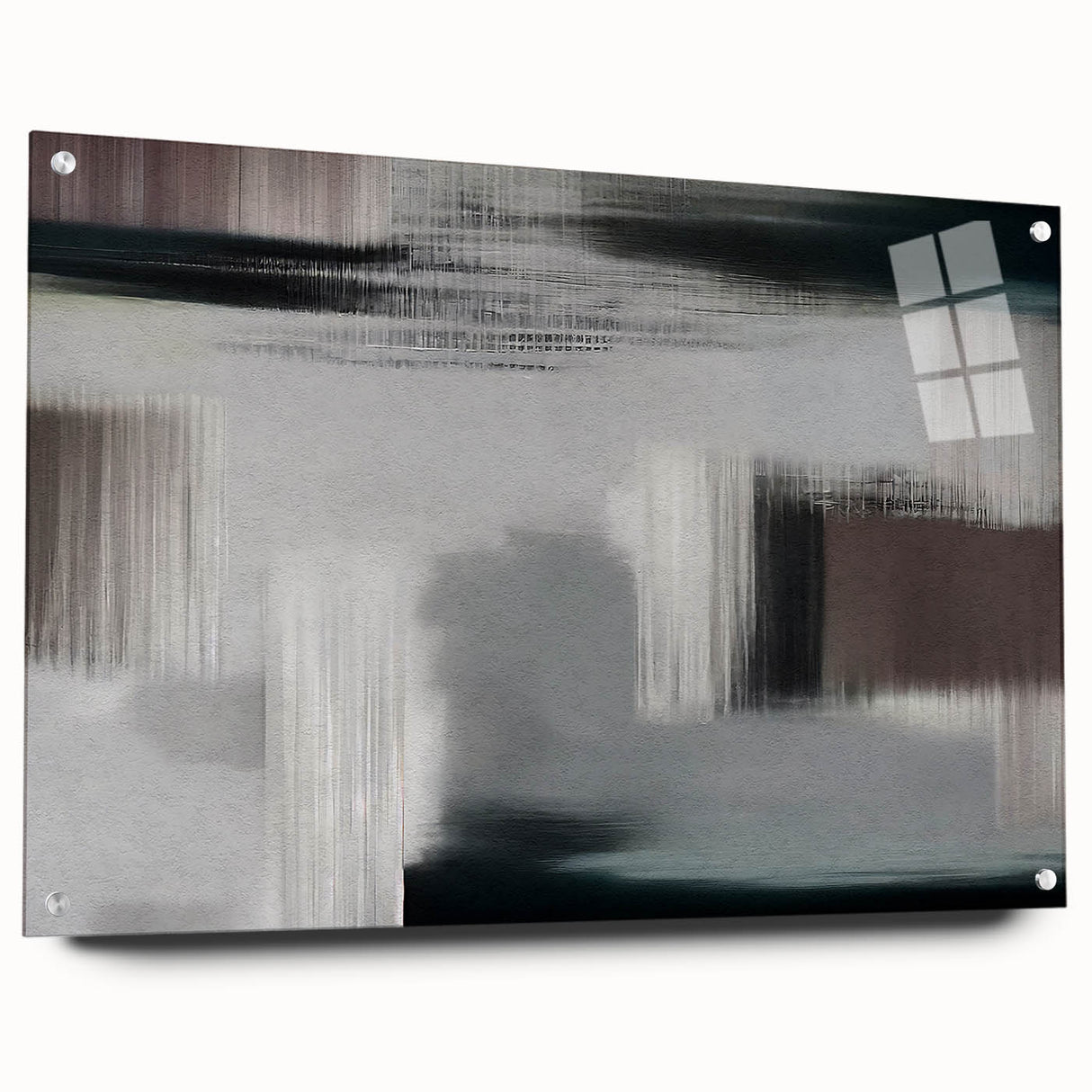 Abstract wall art design showcasing dynamic strokes and lines in vibrant colors, displayed in acrylic glass with pins, perfect for modern decor.