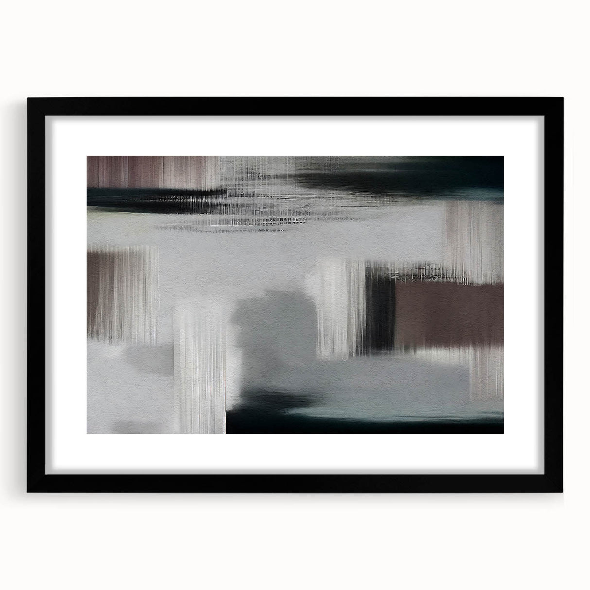 Abstract strokes and lines design wall art in a black frame with matting, showcasing modern artistic elements perfect for contemporary home decor.