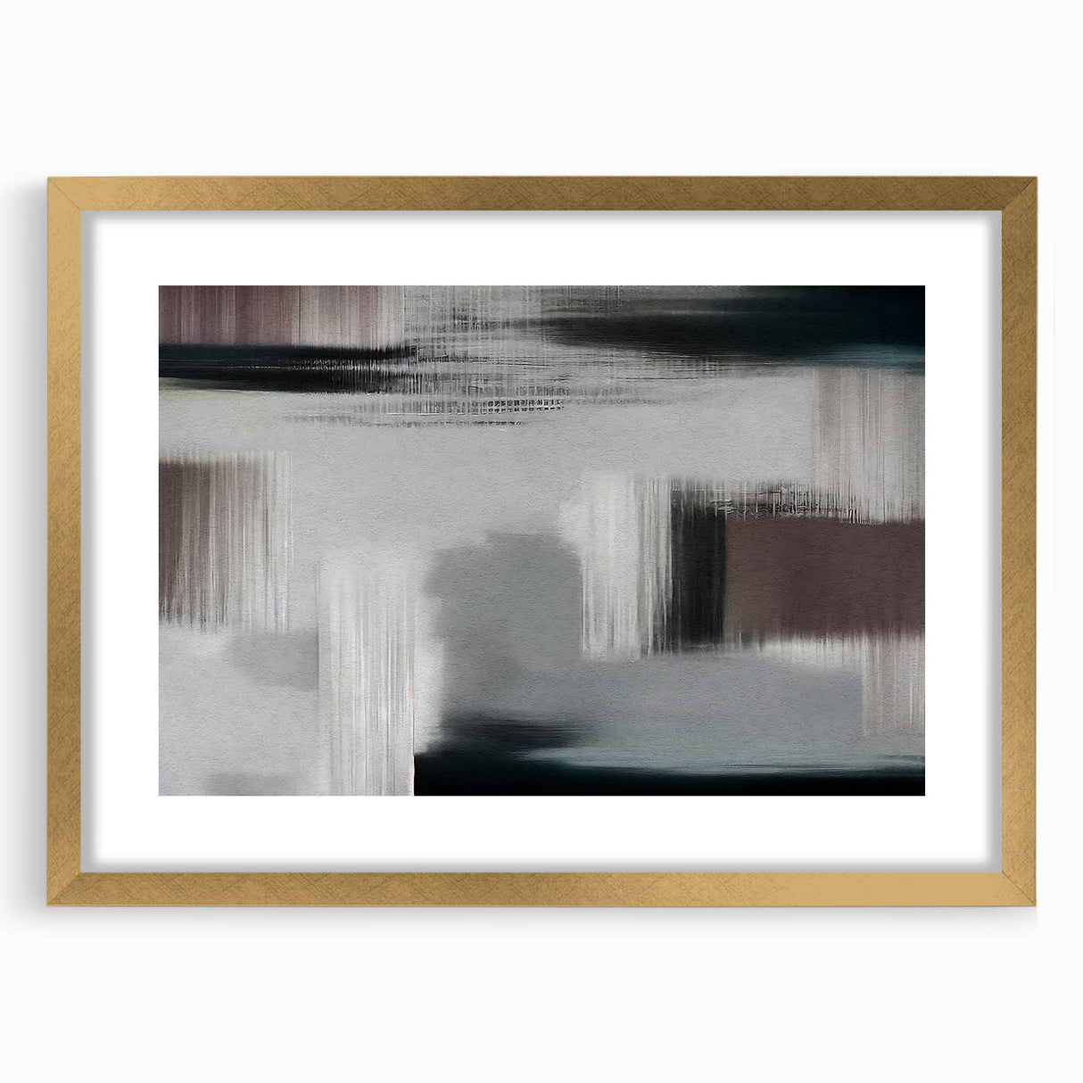 Elegant abstract wall art featuring dynamic strokes and lines in a gold frame with a mat, showcasing a modern design perfect for contemporary decor.