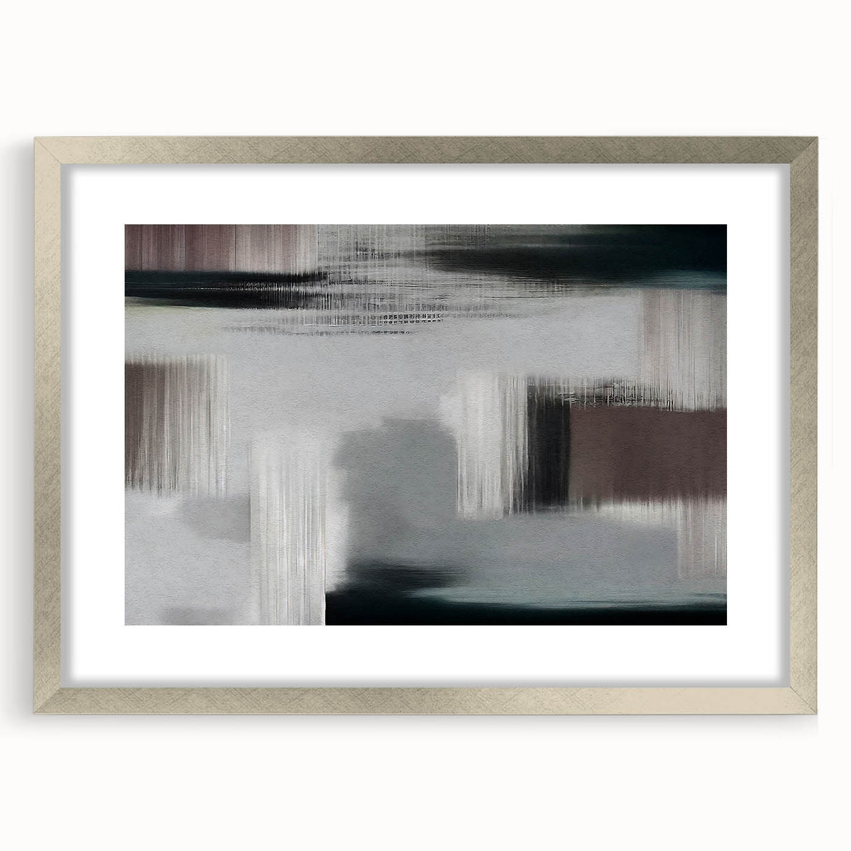Abstract wall art featuring a dynamic design of colorful strokes and lines, elegantly framed with a silver mat, perfect for modern decor and artistic expression. Ideal for enhancing living spaces or offices.