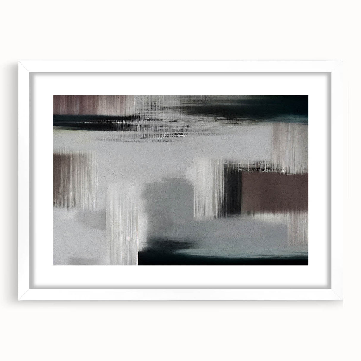 Abstract wall art collection featuring a white frame with mat, showcasing a modern design of colorful strokes and lines. Ideal for contemporary home decor.