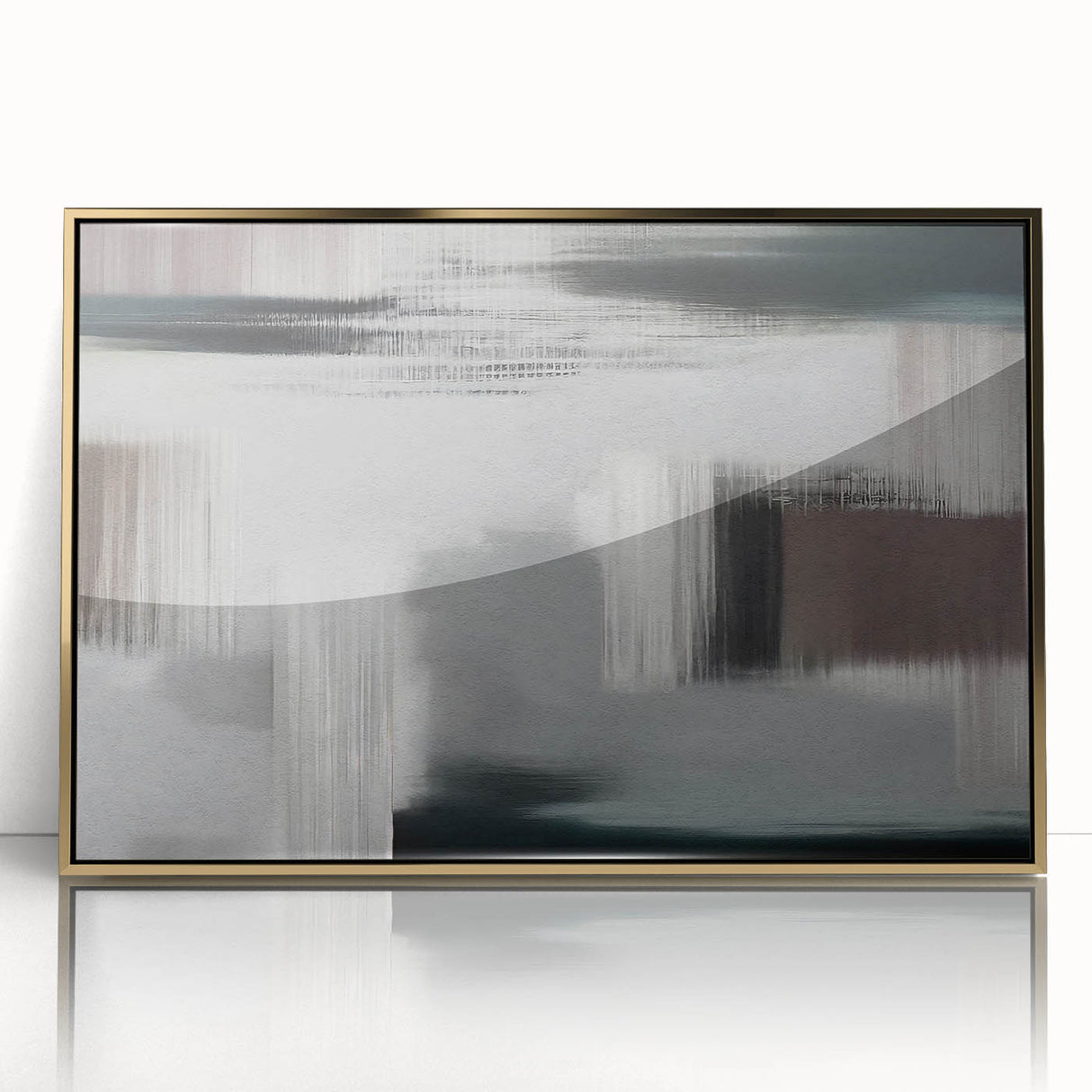 Framed abstract wall art featuring dynamic strokes and lines in gold and black, perfect for modern decor, enhancing interior spaces with elegance and style.