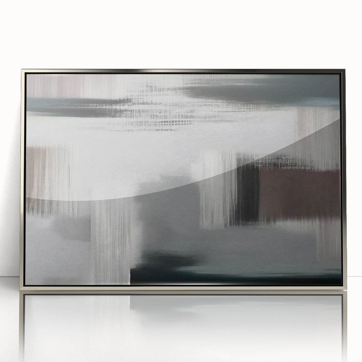 Framed wall art showcasing an abstract design of dynamic strokes and lines in silver and grey tones, adding a modern touch to any decor. Ideal for contemporary spaces.