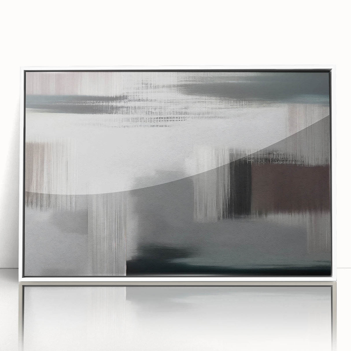 Framed wall art featuring an abstract design with colorful strokes and lines, displayed in a sleek white frame, ideal for modern home decor.