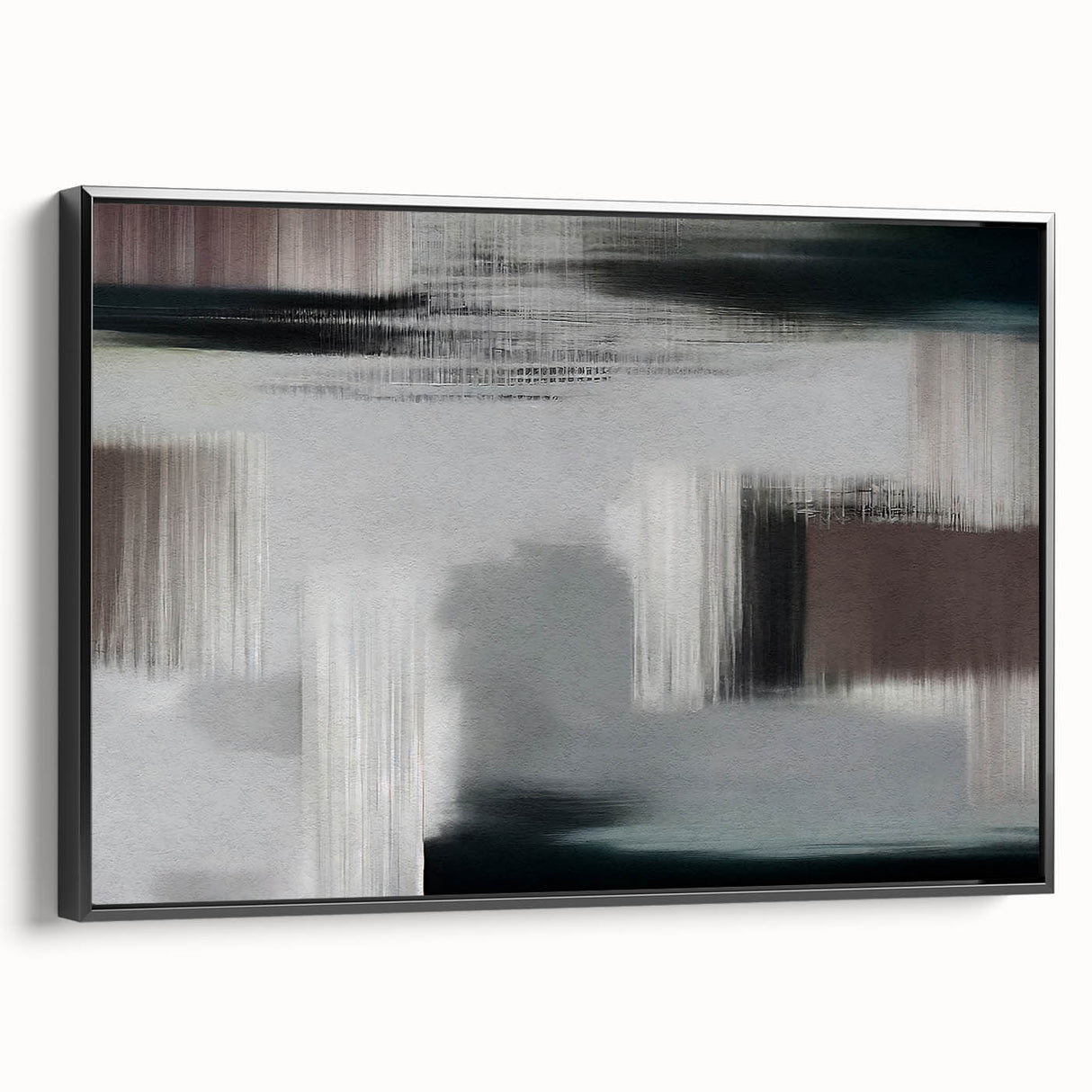 Framed canvas wall art showcasing an abstract design of colorful strokes and lines, presented in a sleek black frame, ideal for modern decor.