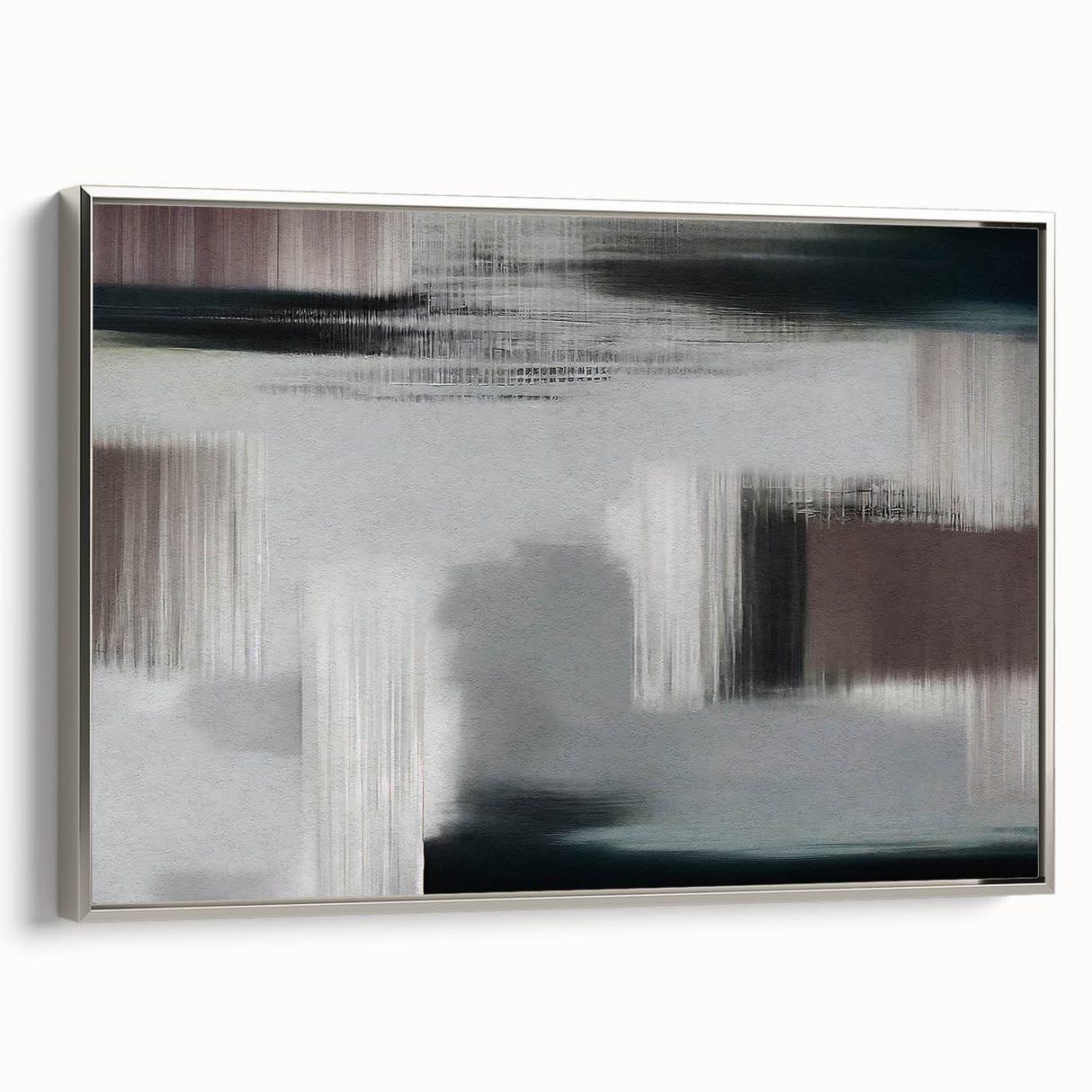 Framed wall art featuring an abstract design with dynamic strokes and lines in silver tones, showcasing a contemporary aesthetic ideal for modern decor.