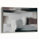 Framed wall art featuring an abstract design with dynamic strokes and lines in silver tones, showcasing a contemporary aesthetic ideal for modern decor.