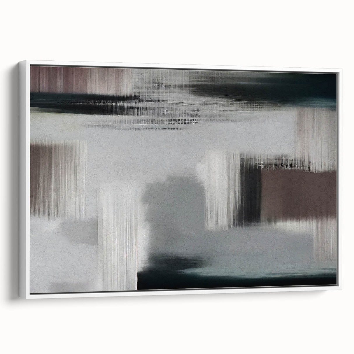 Framed canvas wall art featuring an abstract design of colorful strokes and lines in a modern style, set against a white background, showcasing a side view perspective.