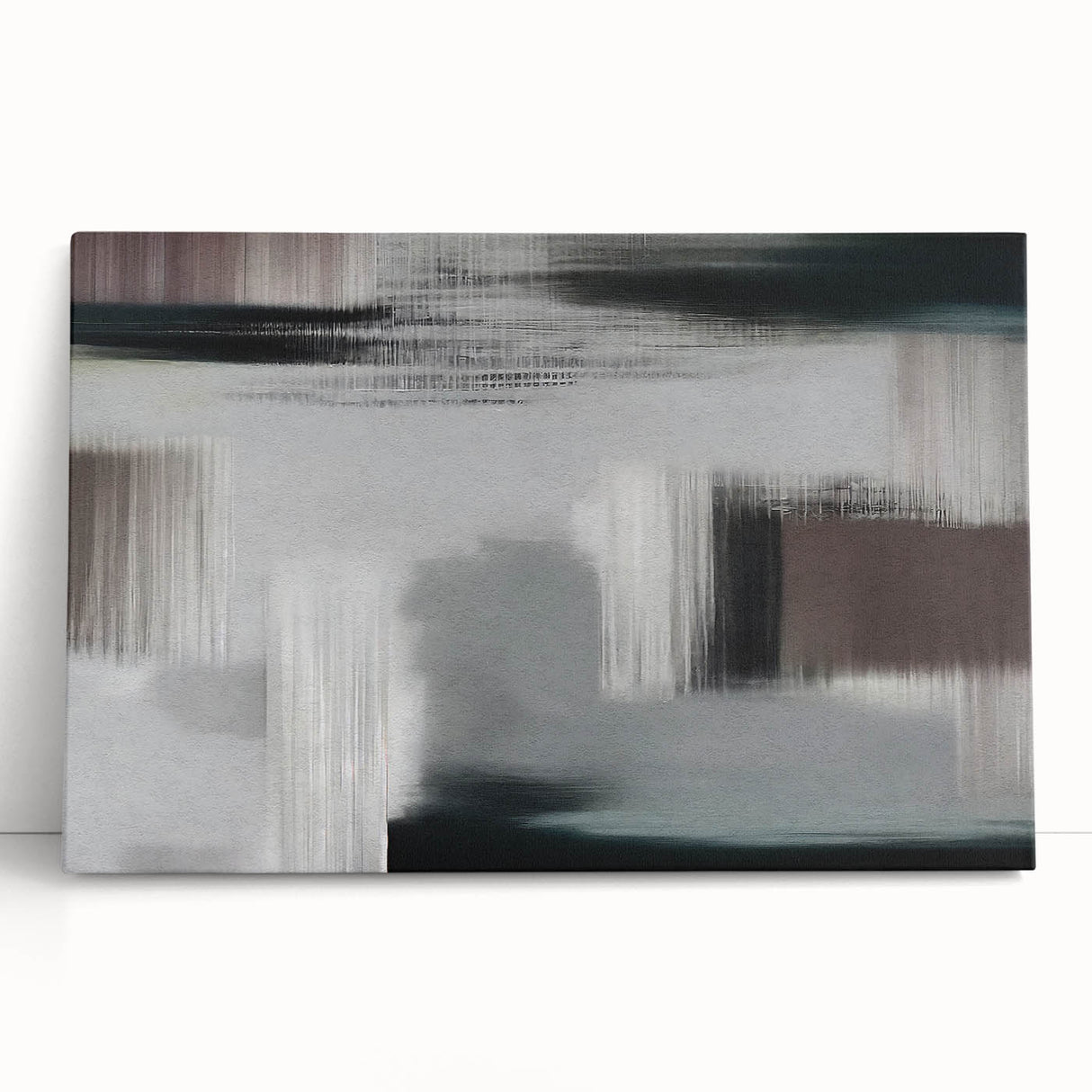 Abstract strokes and lines design in vibrant colors on a stretched canvas, showcasing modern wall art ideal for contemporary home decor. The artwork leans against a neutral backdrop, emphasizing its dynamic patterns and artistic flair.