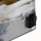 Abstract wall art featuring vibrant strokes and lines in shades of blue, orange, and yellow, designed for modern decor. This acrylic glass piece adds a contemporary touch to any space with its dynamic composition and textured finish.