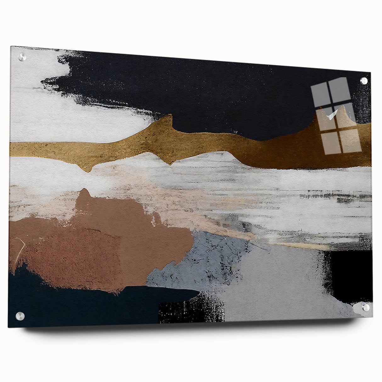 Abstract wall art collection featuring colorful strokes and lines, displayed in a sleek acrylic glass frame, showcasing a contemporary design ideal for modern decor.