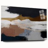 Abstract wall art design showcasing vibrant strokes and lines in a mix of blue, orange, and yellow hues, displayed in a sleek acrylic frame for modern décor.