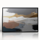 Framed acrylic wall art featuring an abstract design of colorful strokes and lines, set against a black background, ideal for modern home decor.