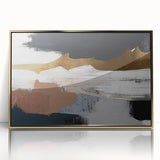Framed wall art featuring an abstract design with gold strokes and lines on a white background, ideal for modern home decor and artistic aesthetics. This piece adds elegance and sophistication to any living space.