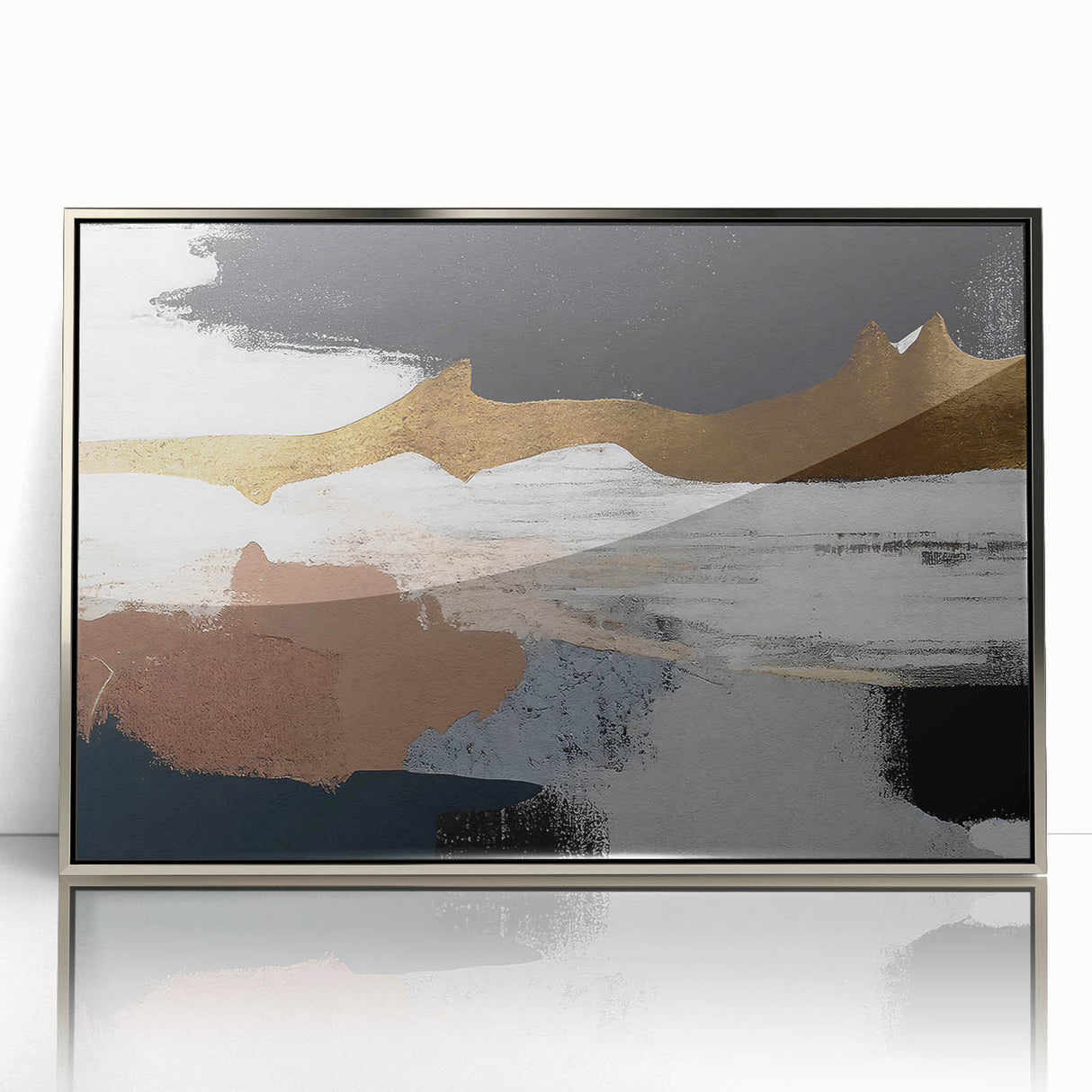 Framed wall art featuring an abstract design of colorful strokes and lines, set against a silver acrylic background, perfect for modern home decor.