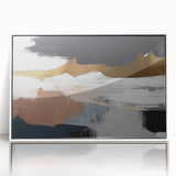 Framed acrylic wall art featuring an abstract design of colorful strokes and lines in a modern style, set against a white background, perfect for contemporary home decor.