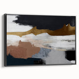 Framed canvas artwork showcasing an abstract design with black strokes and lines, displayed in a stylish setting, perfect for modern home decor.