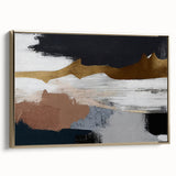 Framed canvas wall art showcasing an abstract design of gold strokes and lines, adding a modern touch to home decor with a sleek side view.