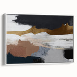 Framed abstract wall art showcasing a dynamic composition of bold strokes and lines in vibrant colors, set against a white background, ideal for modern decor.