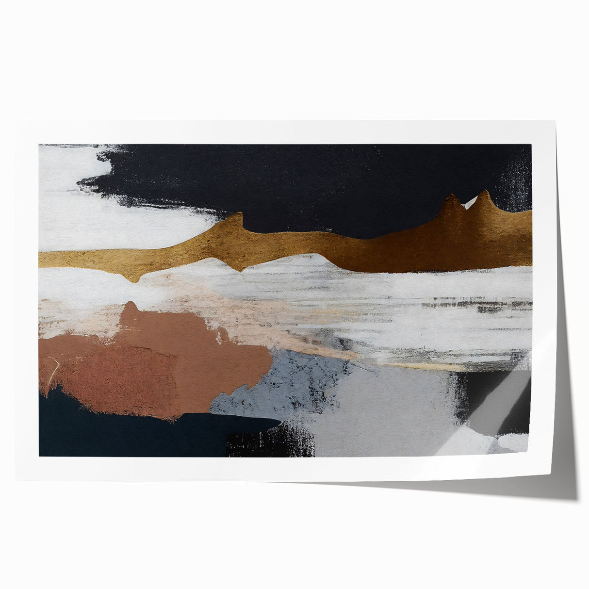 Abstract wall art print featuring vibrant strokes and lines in hues of blue, orange, and yellow, perfect for modern decor. Ideal for living room or office spaces.