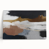Abstract strokes and lines in vibrant colors create a modern wall art piece, featuring a stretched canvas design that leans against a neutral background, perfect for contemporary decor.