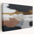 Abstract strokes and lines in vibrant colors create a modern wall art design, showcasing a stretched canvas with a sleek side view, perfect for contemporary decor.