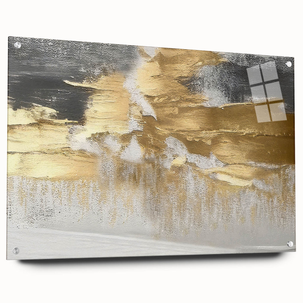 Abstract wall art featuring colorful strokes and lines in a modern design, displayed in acrylic glass with visible mounting pins, enhancing any contemporary space.