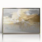 Framed wall art featuring an abstract design with gold strokes and lines on a white background, perfect for modern decor and enhancing interior spaces.