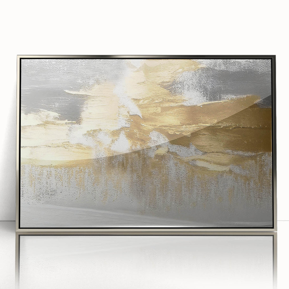 Framed abstract wall art featuring silver-accented strokes and lines against a light background, perfect for modern decor in living spaces or offices.