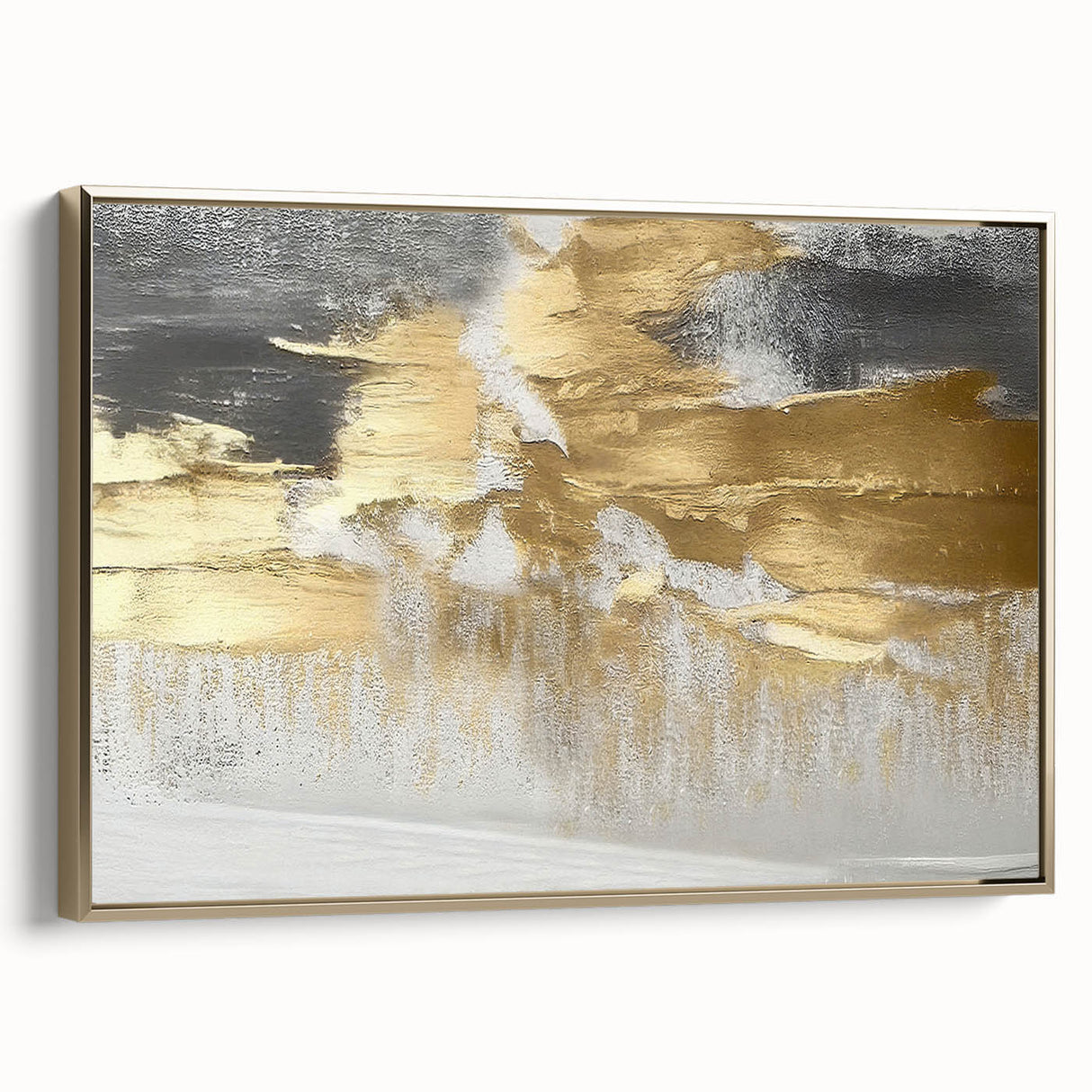 Framed canvas wall art showcasing an abstract design of gold strokes and lines, perfect for modern decor. Side view highlights the elegant framing.