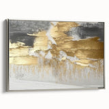 Framed canvas wall art featuring an abstract design of strokes and lines in shades of silver and gray, ideal for modern home decor. The artwork showcases a sleek side view, highlighting its elegant framing and contemporary style, perfect for enhancing any interior space.