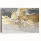 Abstract wall art featuring vibrant strokes and lines in shades of blue, orange, and yellow on a stretched canvas, adding a modern touch to home decor.