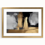 Abstract wall art featuring vibrant strokes and lines in gold and muted tones, framed with a mat, showcasing a modern aesthetic perfect for contemporary decor.