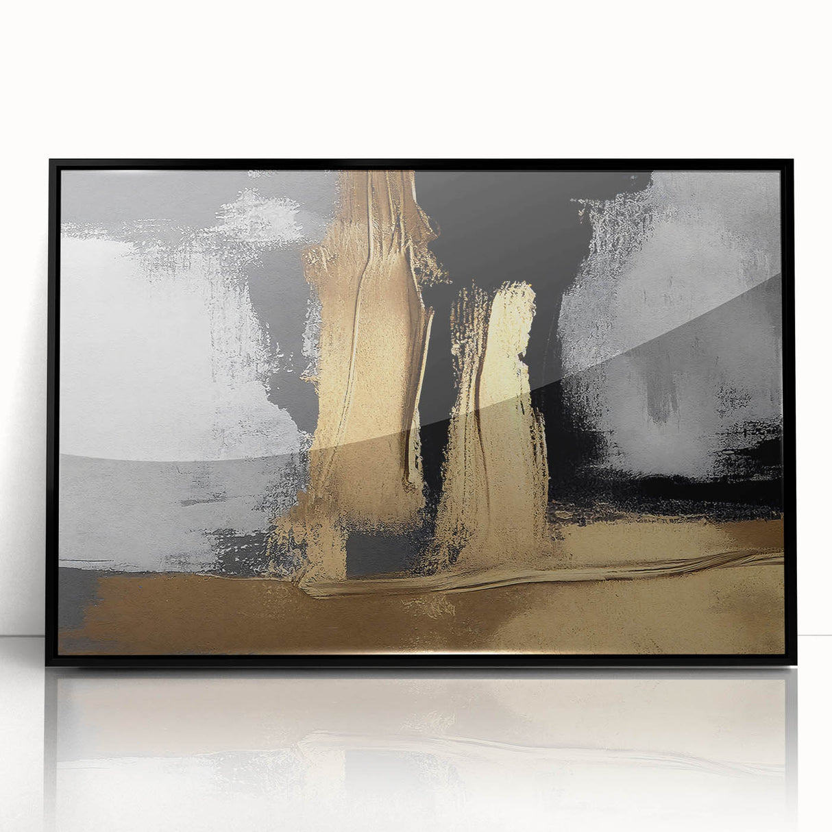 Framed acrylic wall art featuring an abstract design of colorful strokes and lines, presented in a sleek black frame, perfect for modern home decor.