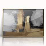 Framed abstract wall art featuring vibrant strokes and lines in shades of gold and blue, perfect for modern decor. Ideal for enhancing living spaces or offices.