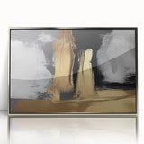 Framed wall art showcasing an abstract design of silver and white strokes and lines, elegantly arranged for modern decor, perfect for enhancing contemporary interiors.